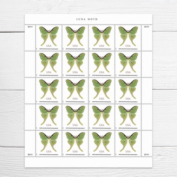 Luna Moth USPS 2 Ounce Postage Stamp 1 Sheet of 20 US First Class Forever Non-Machineable Butterfly Wedding Celebrate Anniversary Flower Party (20 Stamps)