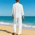 thumbnail image 4 of Men's Solid Color Casual Fashion Linen Quarter Button Stand-Up Collar Long Sleeved Shirt Long Pants Beach Set Lightweight Sweatshirt Fall Clothes Two Piece Lounge Matching Set Men, 4 of 9