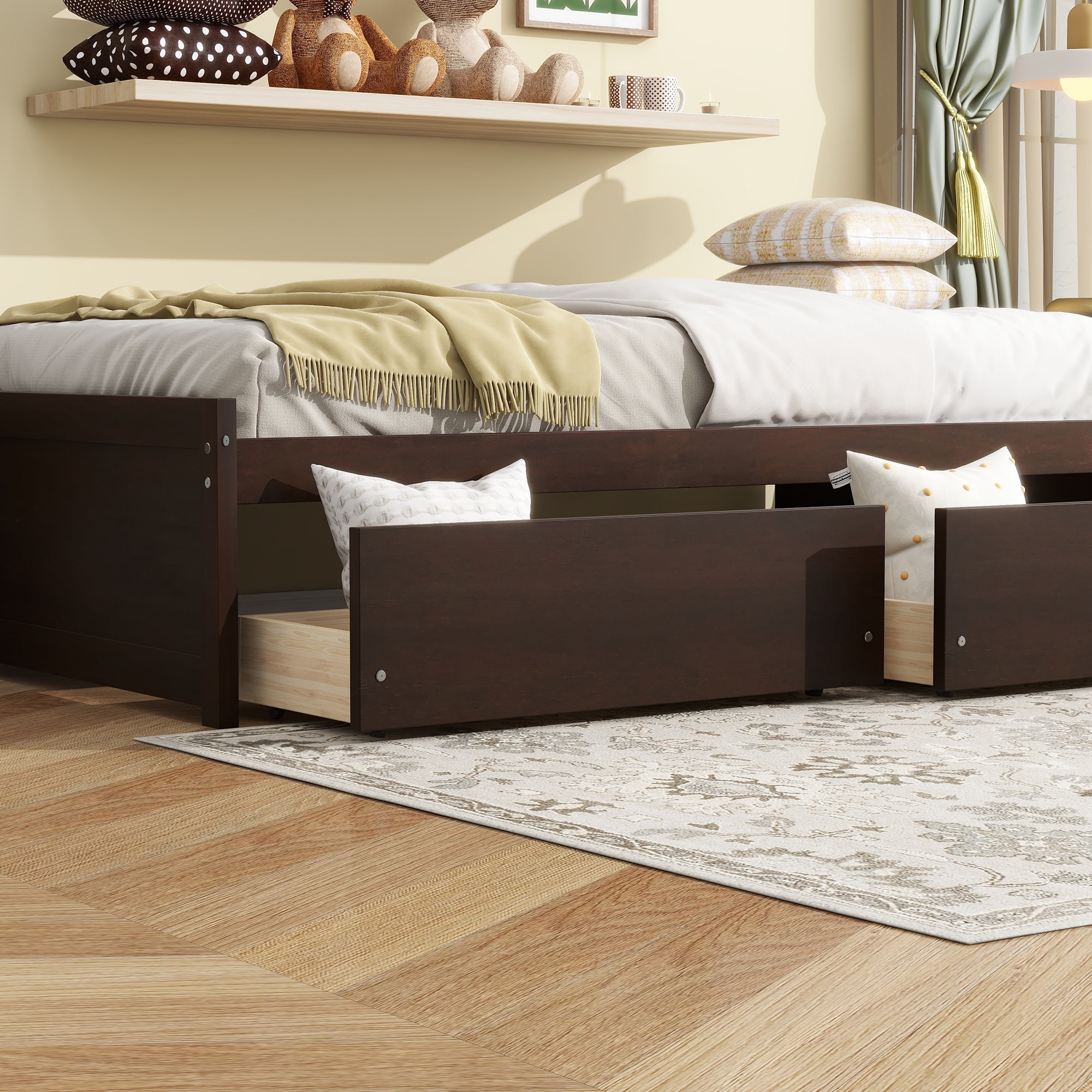PORKISS Twin Bed Frame, Solid Wood Platform Bed with 2 Drawers, Pine Wood Bed for Kids Teens Adults, No Box Spring Needed, Espresso #2