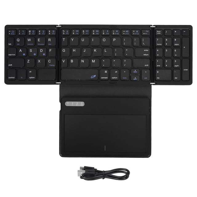 teclado bluetooth plegable de baja latencia, bluetooth 5.1, teclado de tamaño completo con panel táctil grande para ios, android y windows Teclado portátil plegable negro de 81 teclas con panel táctil grande integrado bajo el centro, bisagras de doble pliegue, cubierta en cuero PU y carcasa ABS, indicador LED y cable USB incluido; alcance aprox. 10 m, compatible con iOS, Android y Windows; adecuado como teclado portátil para tabletas y viajes.