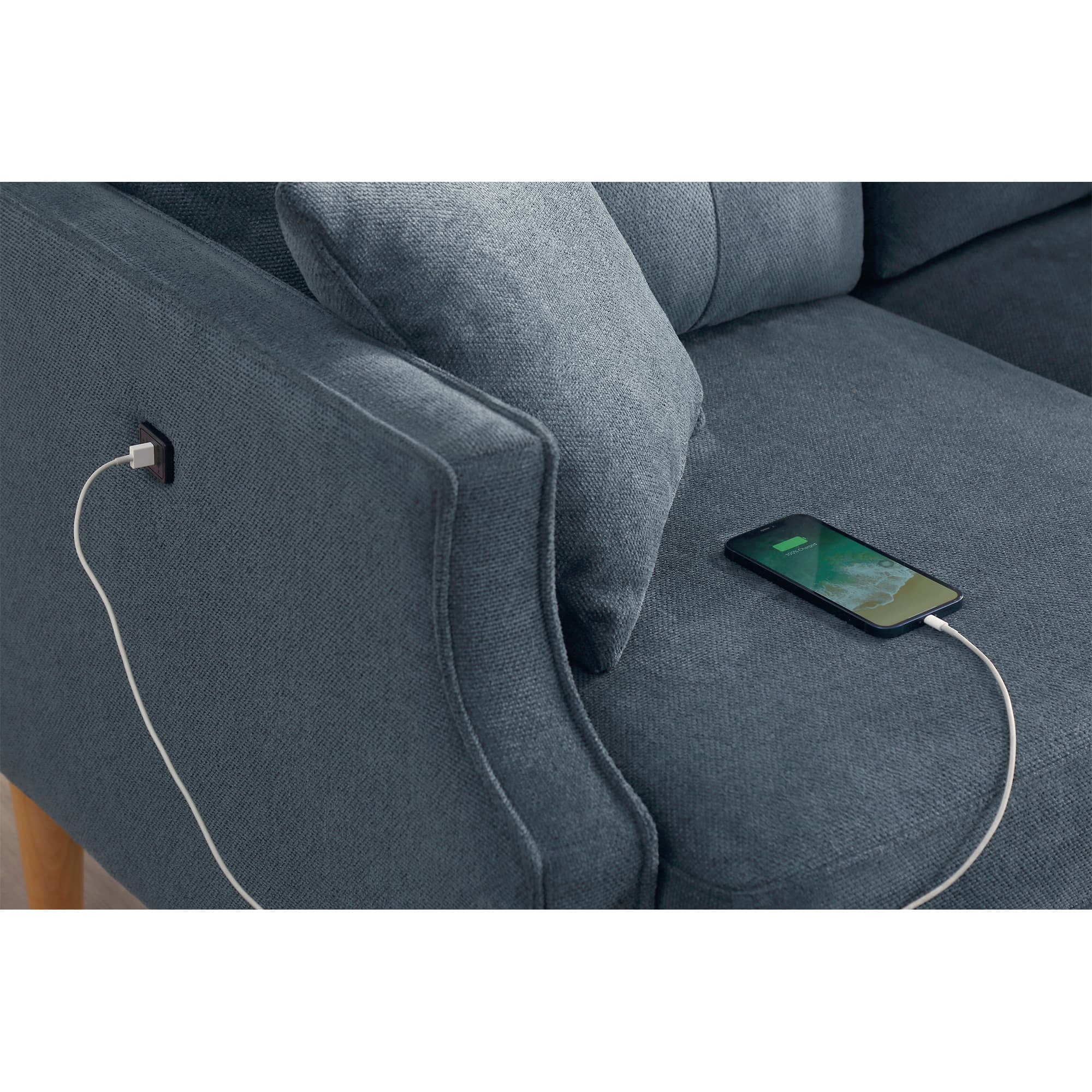 MAYEERTY Stylish 3-Seater Living Space Sofa: Waterproof Fabric, Integrated USB Charging Ports, Dark Blue