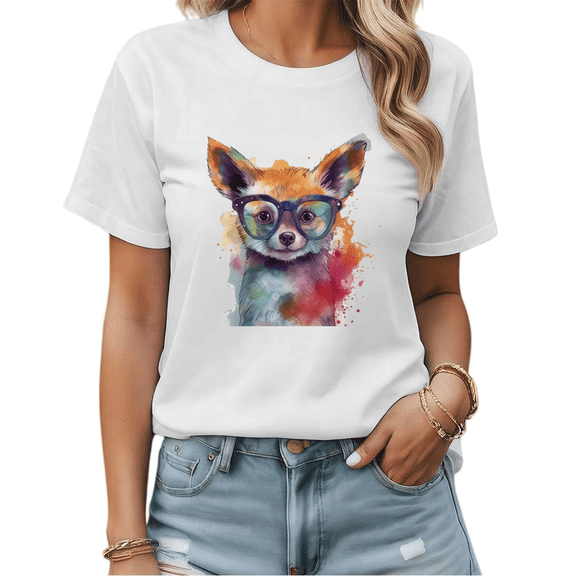 Watercolor Smart Fox With Glasses Graphic Tees Womans T-shirt Black/White S-5XL Shirts Animal Lover Tops