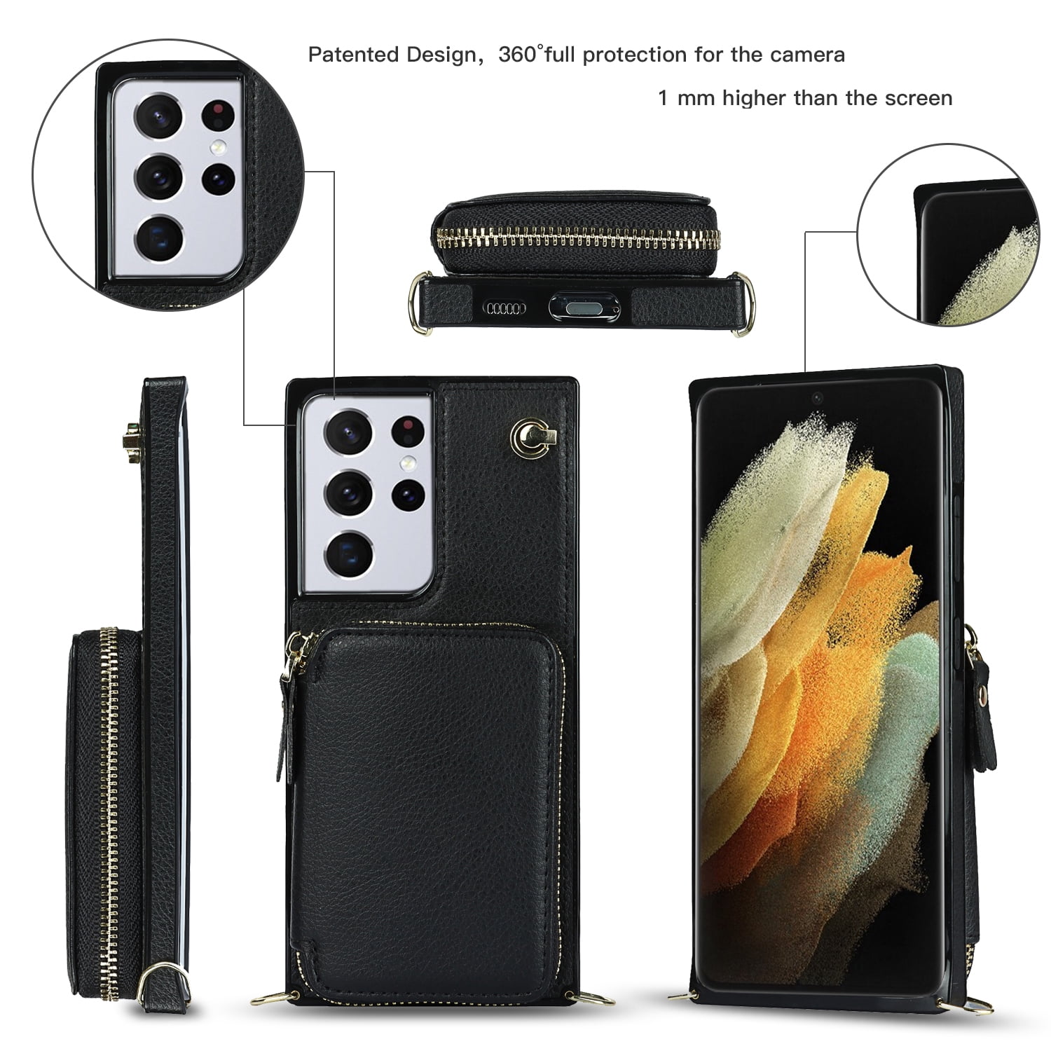 TECH CIRCLE For Galaxy S22 Ultra Wallet Case,Card Holder Phone Case for Women, Zipper PU Leather Purse Kickstand Folio Flip Case with Crossbody Strap for Samsung Galaxy S22 Ultra 6.8" 2022,Black