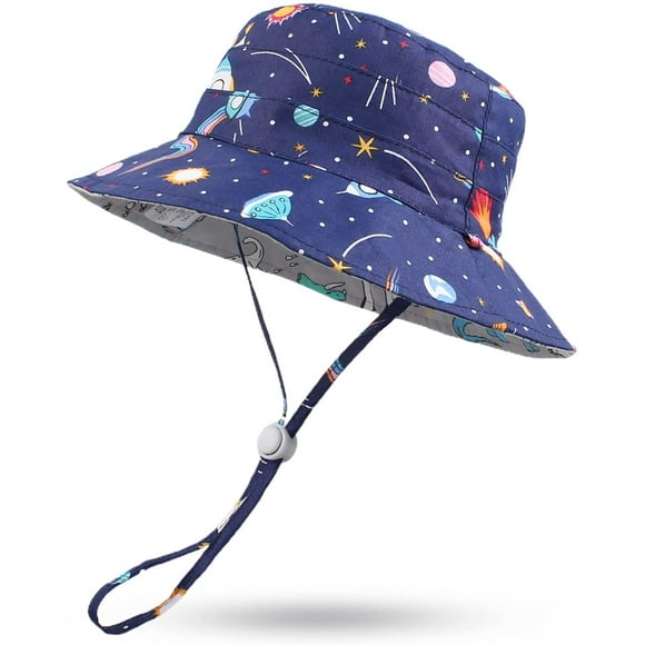 Summer Baby Toddler Bucket Hat Wide Brim Kids Sun Hat For Boys Girls Reversible Children Beach Caps (Navy Bear, 18.1"(3-6 Months))