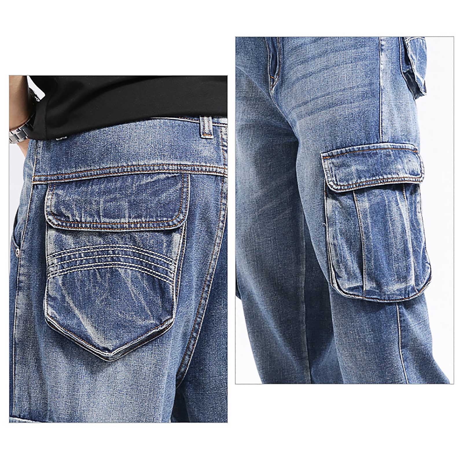 HOOMEUMY Men's Jeans Casual Loose Hip Hop Denim Work Pants Jeans with Cargo Pockets (Blue,30)