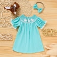 thumbnail image 3 of ZEHJUHAN Toddler Girls' Solid Color Dress Ruffle Short Sleeve Bunny Embroidery Dress with Headband Bow Blue，3-6M, 3 of 9