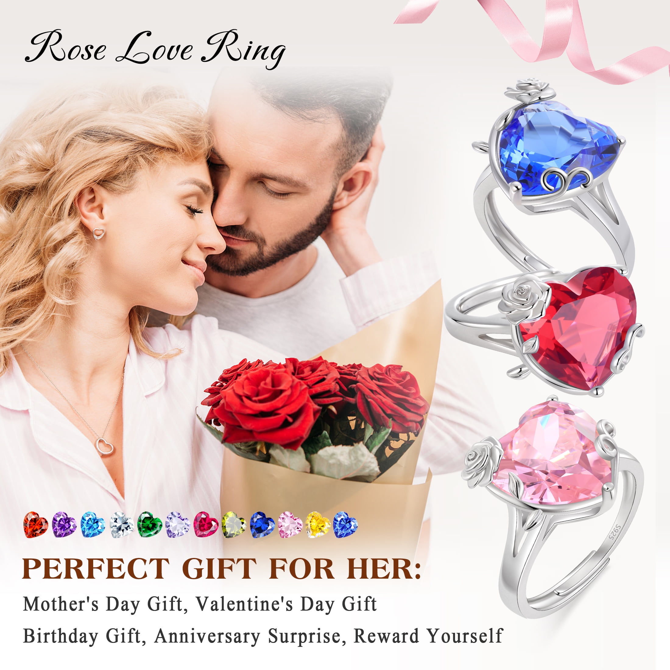 Juwaliy 9Ct Women Heart Ring 925 Sterling Silver Rose Flower July Birthstone Ruby Red Solitaire Ring Jewelry Mother Birthday Valentine's Day Gift