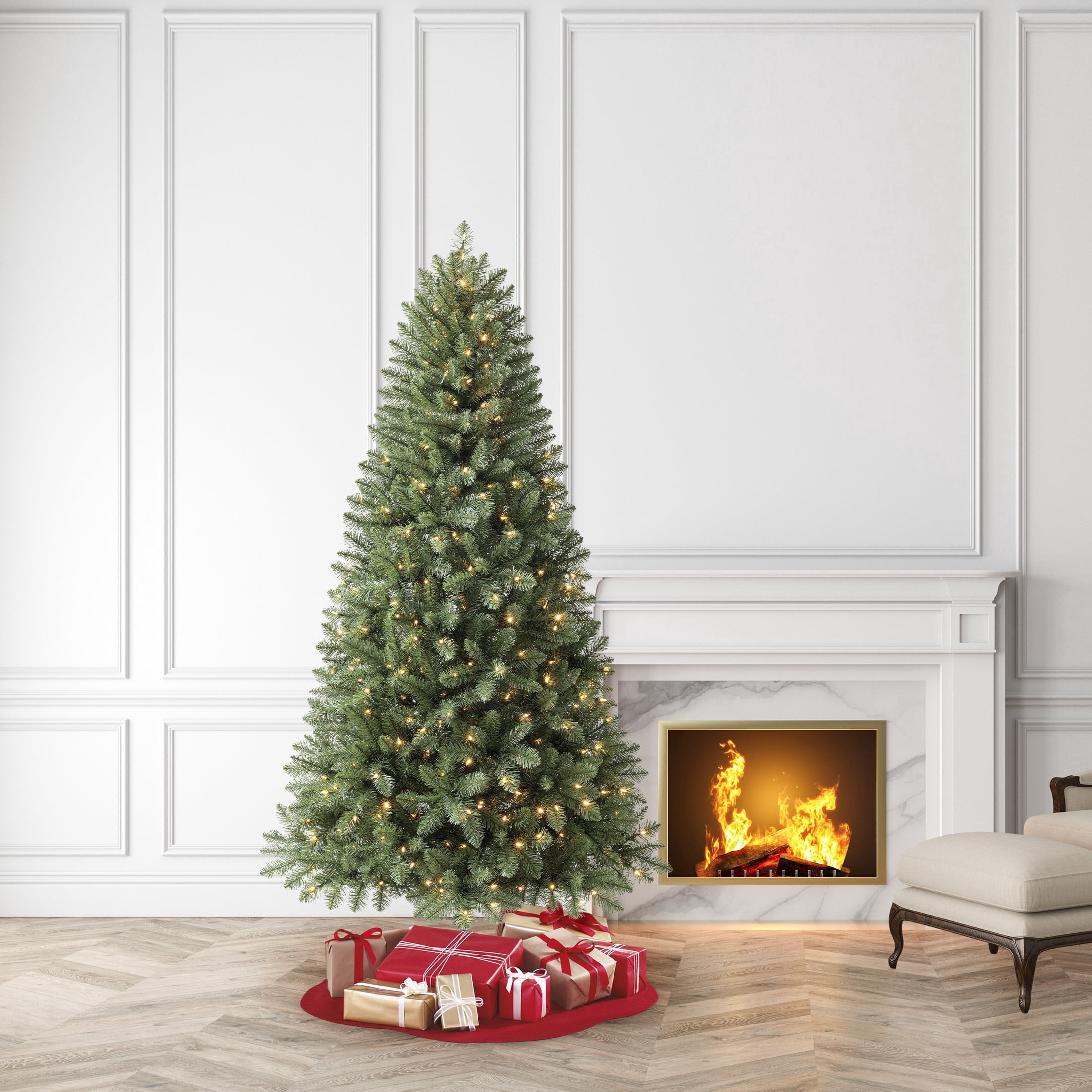 7.5' Pre-Lit Kennedy Fir Green Artificial Christmas Tree with Color-Changing Small LED Lights, Quick Set, and Stand, by Holiday Time