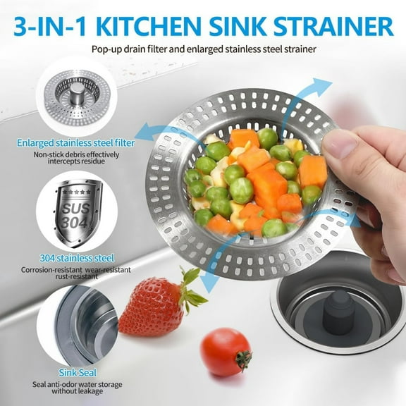 Clearance Sales At Walmart! Upgraded 3 In 1 Kitchen Sink Drain Strainer and Stopper Combo, Stainless Steel Metal Pop Up Sink Stopper, Anti-Clogging Basket Strainer with Handle My Placed Orders