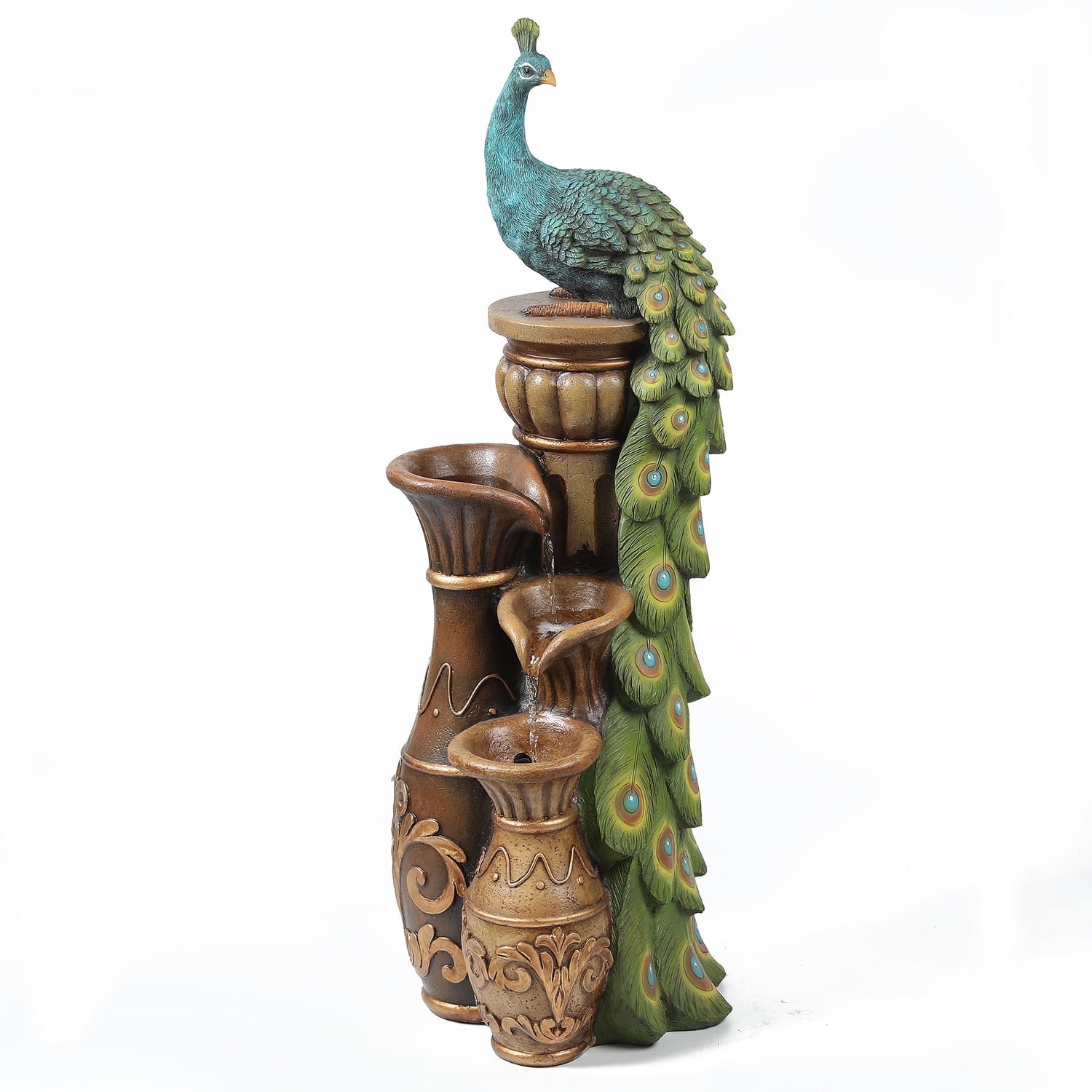 LuxenHome 44" Resin Outdoor Water Fountain, Peacock Garden Water Fountain Outdoor with LED Lights