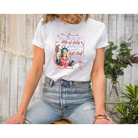Moonlight Apparel Funny 4th of July Lady Liberty Graphic Tee You Look Like the Fourth of July Hot Dog Shirt Patriotic Women's Humor T-Shirt