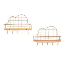 FRCOLOR 2 Sets  of Wall Mounted Rack with Hooks Sundry Shelf Metal Storage Shelf (Golden)