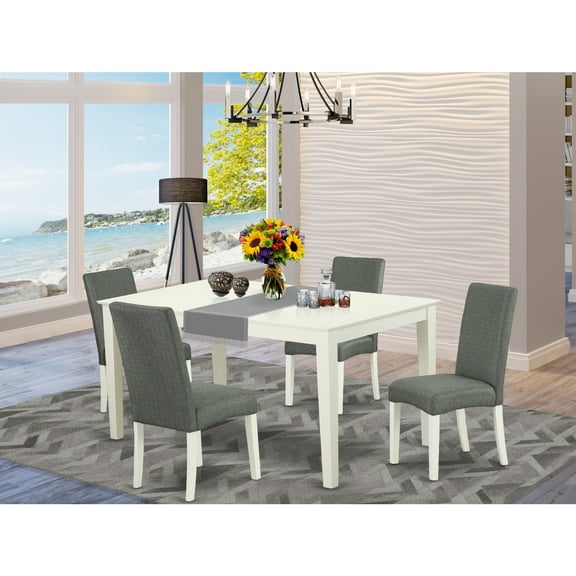 Asian Fusion Dining Set - 5pc Rectangle Table & 4 Chairs - 60" Table - Linen White Legs - Gray Fabric