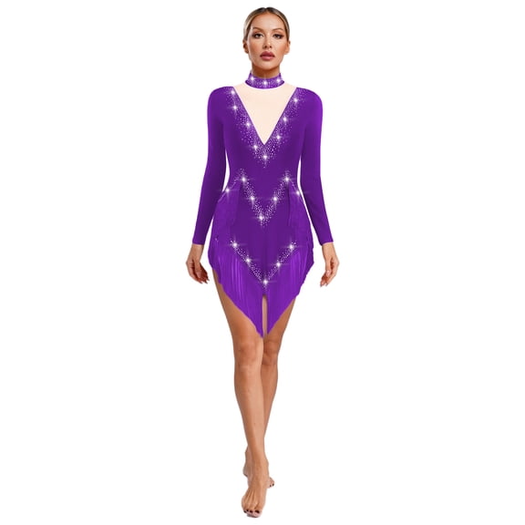Doomiva Womens Tassel Latin Samba Dance Dresses Long Sleeve Irregular Hem Dress Purple M