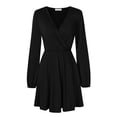 thumbnail image 2 of Leadingstar Women Solid Long Sleeve Elastic Waist Wrap V-Neck Fit Flare Dress Burgundy L, 2 of 9