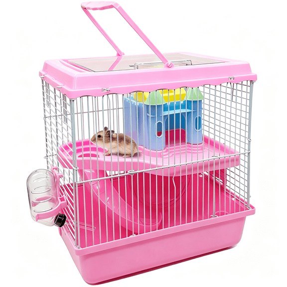 LQSEO Hamster Carrier, Dwarf Hamster Travel Cage, Portable Cages with Water Bottle, Gerbil Travel Carry Case Outdoor Vacation House for Small Mice(Pink,10.6”X8”X11.4”)