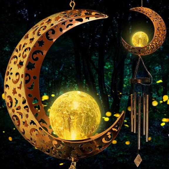 Solar Moon Wind Chimes Outdoor,Moon Windchimes Outdoors for Porch Patio with Crackle Glass Ball LED Light,Waterproof Metal Outdoor Hanging Decor for Women Wife Mom Grandma
