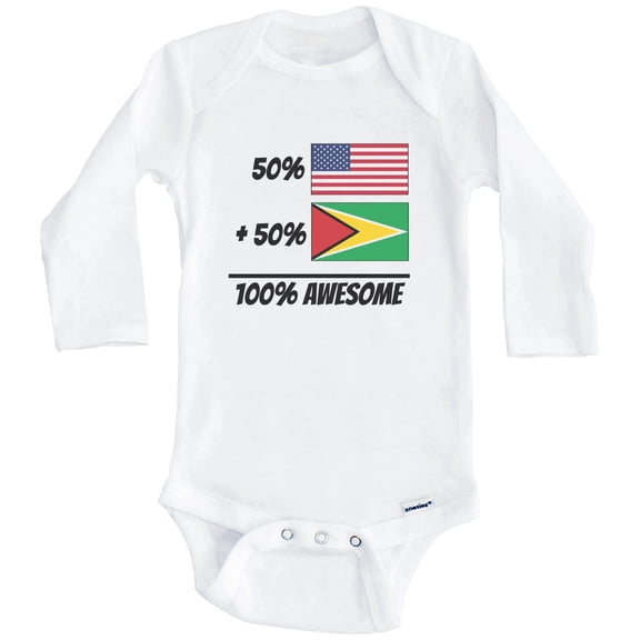 50% American Plus 50% Guyanese Equals 100% Awesome Cute Guyana Flag One Piece Baby Bodysuit (Long Sleeve), 0-3 Months White