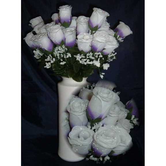 84 Purple / White Silk Rose Flowers w/Raindrops - Wedding Flowers- Bridal/Floral - Centerpiece Flower Arrangement Supplies- Bridal Bouquet Roses