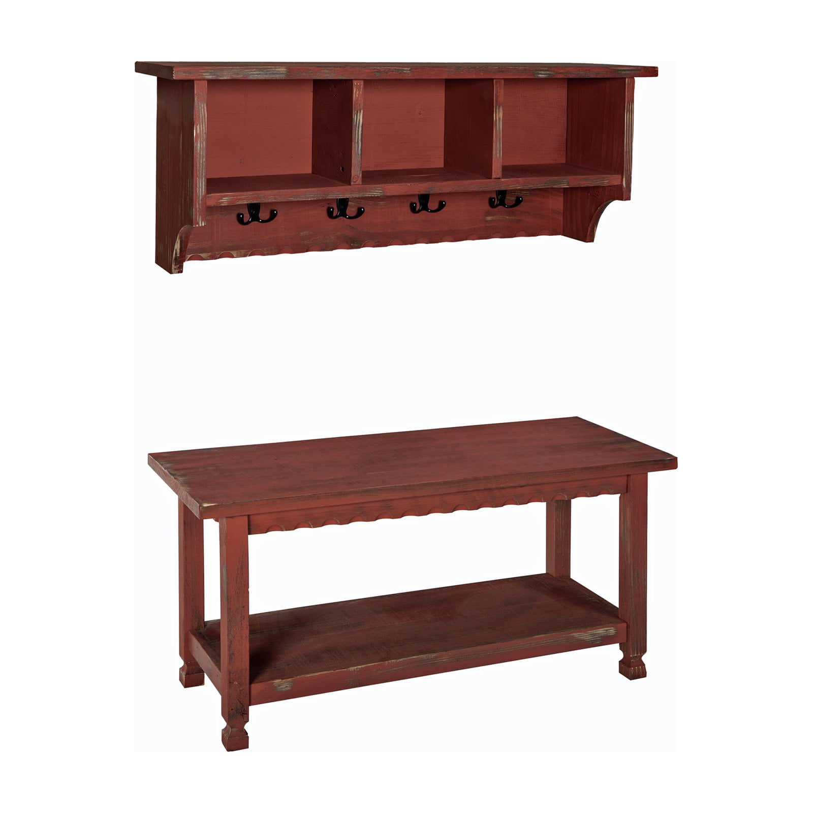 Country Cottage Coat Hooks and Bench Set, Blue Antique Finish