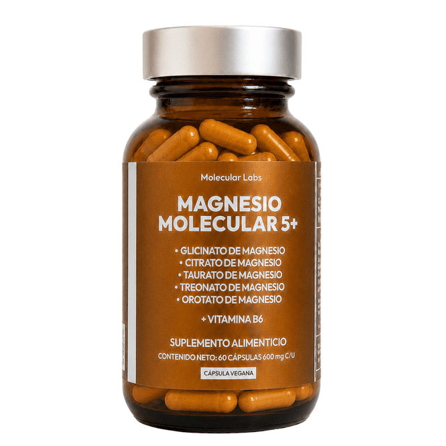 Magnesio Molecular 5+ | Suplemento de Magnesio Complex con 5 Magnesios + Vitamina B6 | Glicinato, Citrato, Taurato, Treonato y Orotato | 60 Cápsulas de 600 mg | Fórmula Multicomplejo