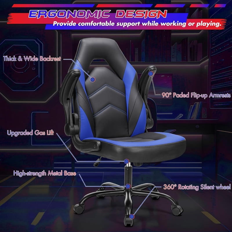 Beddle Gaming Office Chair, Ergonomic PU Leather High Back Swivel Computer Desk Chair with Flip-up Arms, Lumbar Support, Black Blue