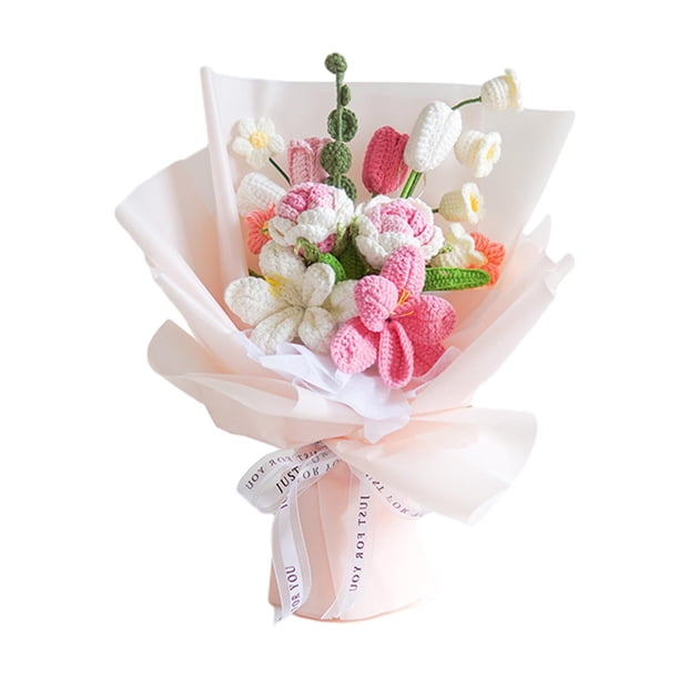 Ramo de flores de ganchillo para el Día de la Madre, flores falsas, flores artificiales tejidas Papel de regalo rosa