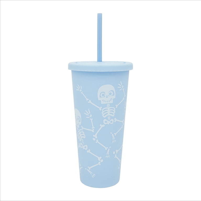 Halloween Blue & White Skeletons Plastic Tumbler with Straw and