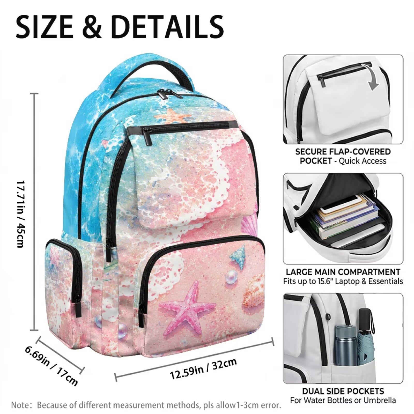 Mochila escolar de 17 pulgadas para niñas de primaria, con estampado de estrellas de mar y conchas, ligera para viajes 4