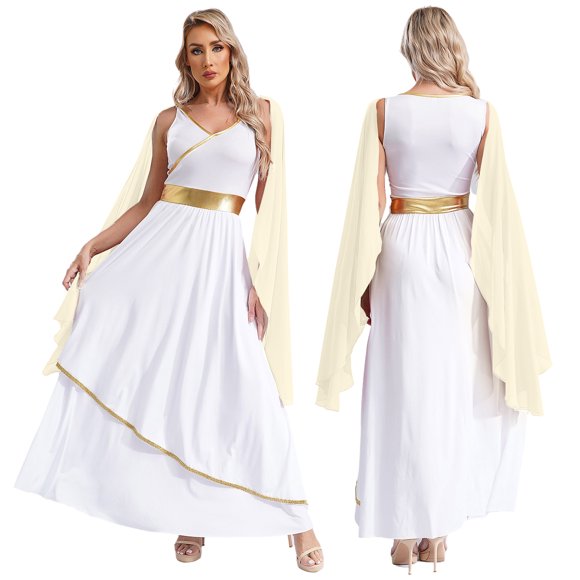 Riismen Womens Ancient Greek God Maxi Dress Sleeveless V Neck Toga Roman Costume for Halloween Champagne S
