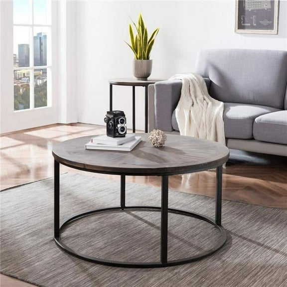 36 in. Reclaimed Wood & Metal Round Coffee Table, Natural & Brown