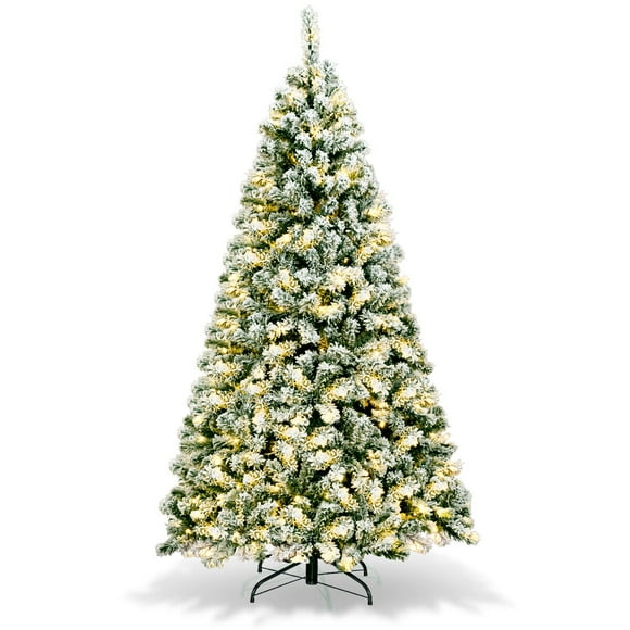 Topbuy 6FT Pre-lit Artificial Hinged Christmas Pine Tree Snow Flocked Decoration Tree