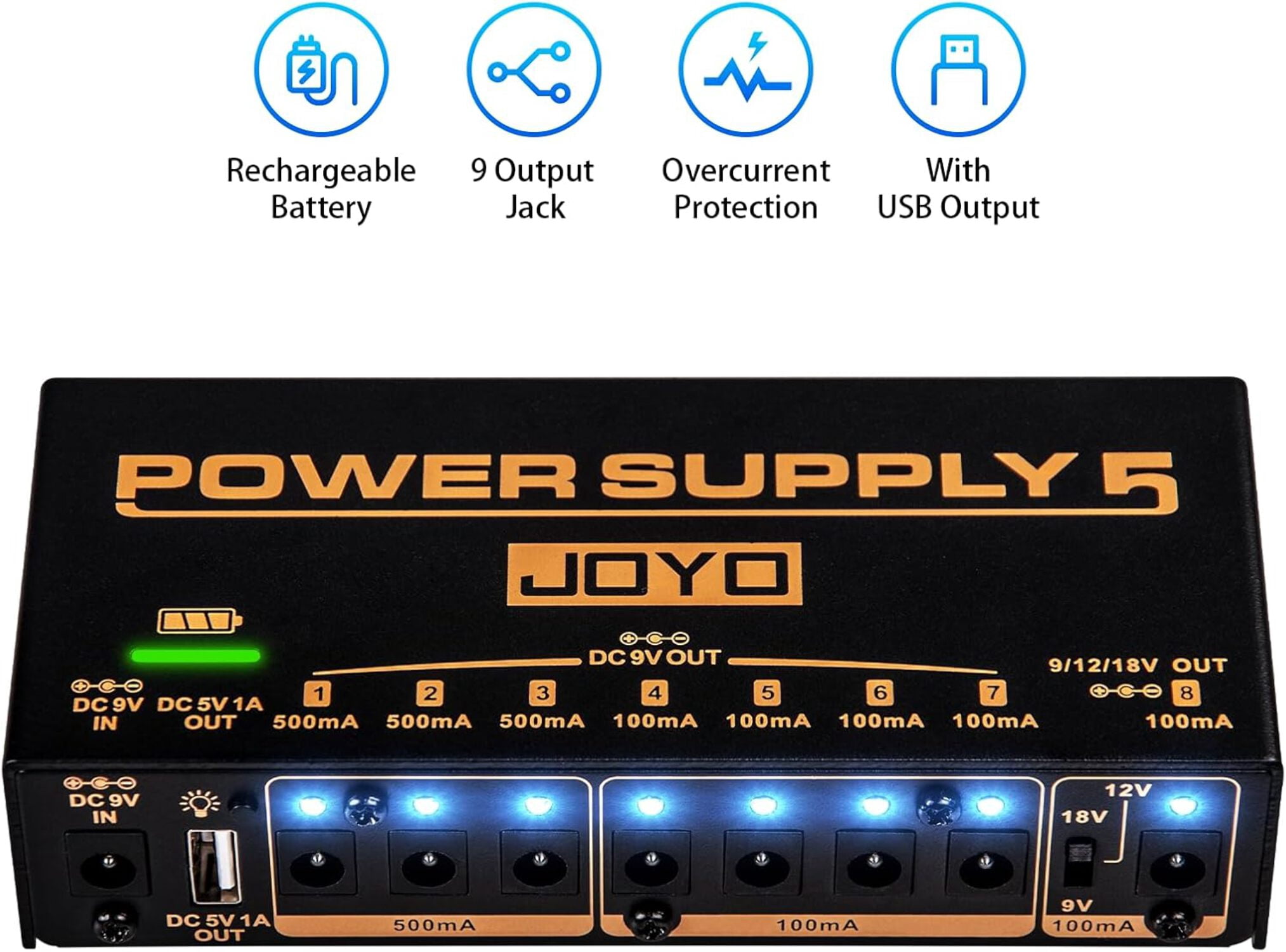 JOYO Pedal Power Supply 9V 12V 18V Built-in 4400mAh Rechargeable Battery with 8 DC Output