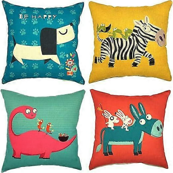 Funda de cojín decorativa de lino y algodón con diseño de animales de dibujos animados para sofá, 45,7 x 45,7 cm, juego de 4