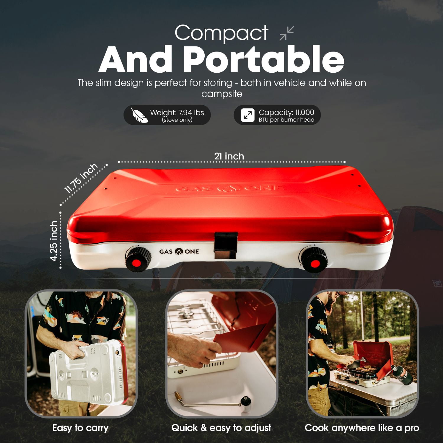 GasOne PS-2500RWA Portable Camping Stove – Double Propane Stove with Auto Twist Turn Ignition – 22,000 BTU Camping Cooktop with 2 Burners and Wind Guard – Ideal for Tailgating, Fishing, Travel, Red