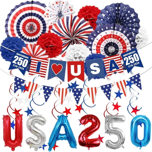 32PCS Patriotic Memorial Day Decorations Set,Red White Blue Paper Fans in Patriotic Designs,250 Anniversary USA Decorations