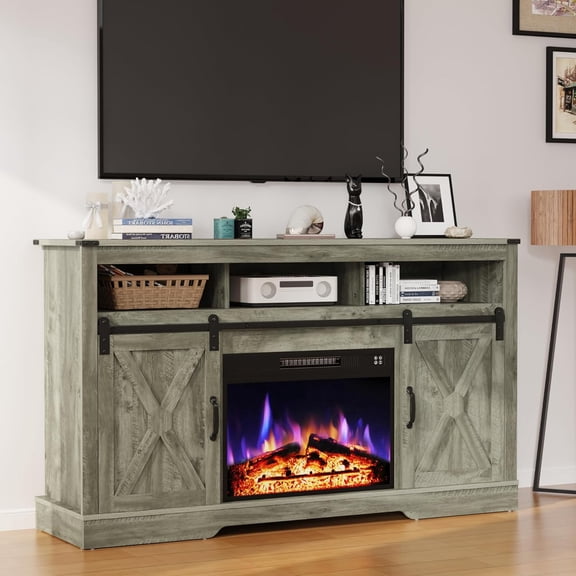 Fireplace TV Stand for 65  Inch TV, Farmhouse Entertainment Center with 23" Electric Fireplace with Remote, Modern Rustic TV Console with Sliding Bar Door for Living Room,Light Grey