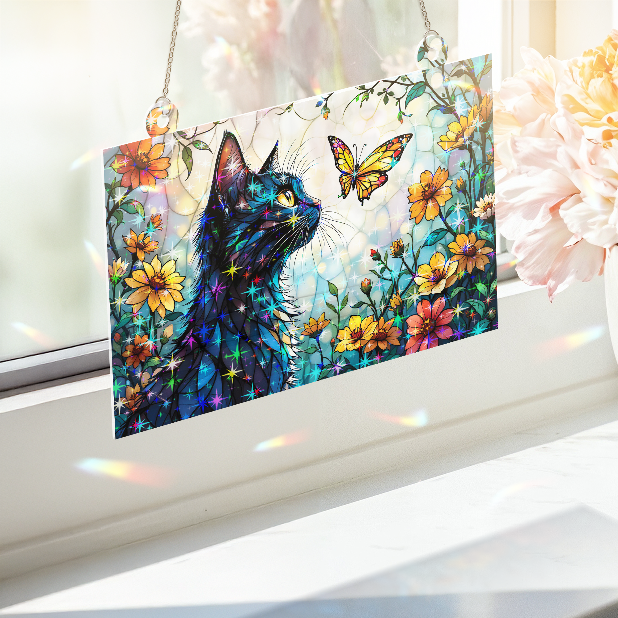 89Bloom Cat and Butterfly Stained Glass Hologram Ornament, Stained Glass Suncatcher Ornaments Home Decor, Holographic Ornaments