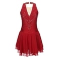 thumbnail image 5 of iEFiEL Womens Rhinestone Figure Skating Dress Chiffon Illusion Deep V-neck Ballet Lyrical Leotard Dance Dress Burgundy S, 5 of 7