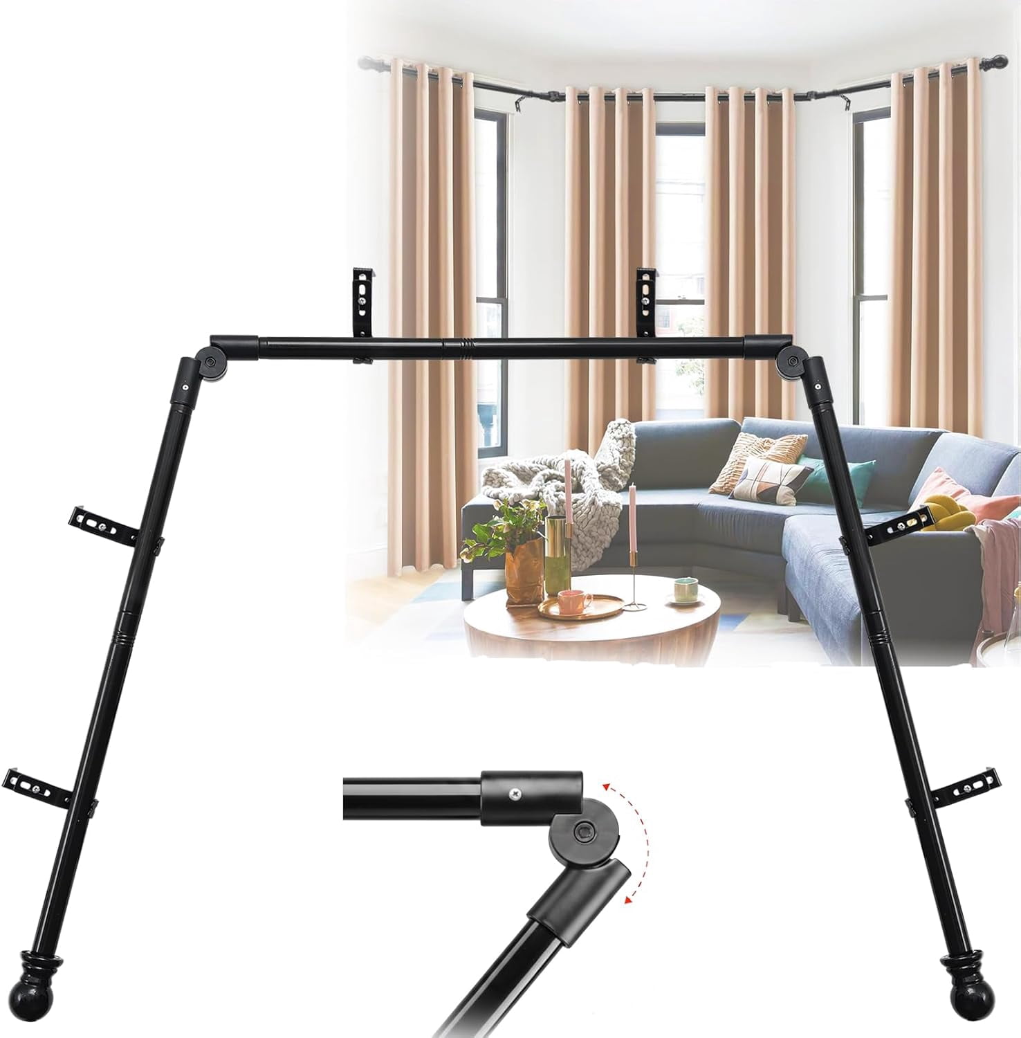 Corner Window Curtain Rod, 1" Heavy Duty L-Shaped Curtain Rods, 36-136" Adjustable with 180° Connector, DIY Angled Curtains Rod for Bay Window, Corner Windows and Curved - White