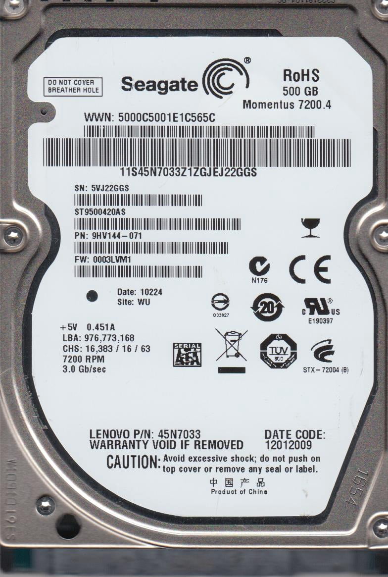 ST9500420AS, 5VJ, WU, PN 9HV144-071, FW 0003LVM1, Seagate 500GB SATA 2.5 Hard Drive