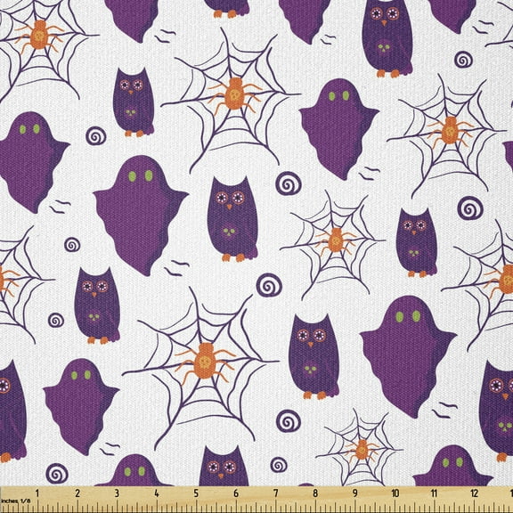 Ghost Fabric by The Yard, Halloween Party Themed Pattern with Owl and Spider Webs on White, Stretch Knit Fabric for Clothing Sewing and Arts Crafts, 1 Yard, Orange Purple, by Ambesonne