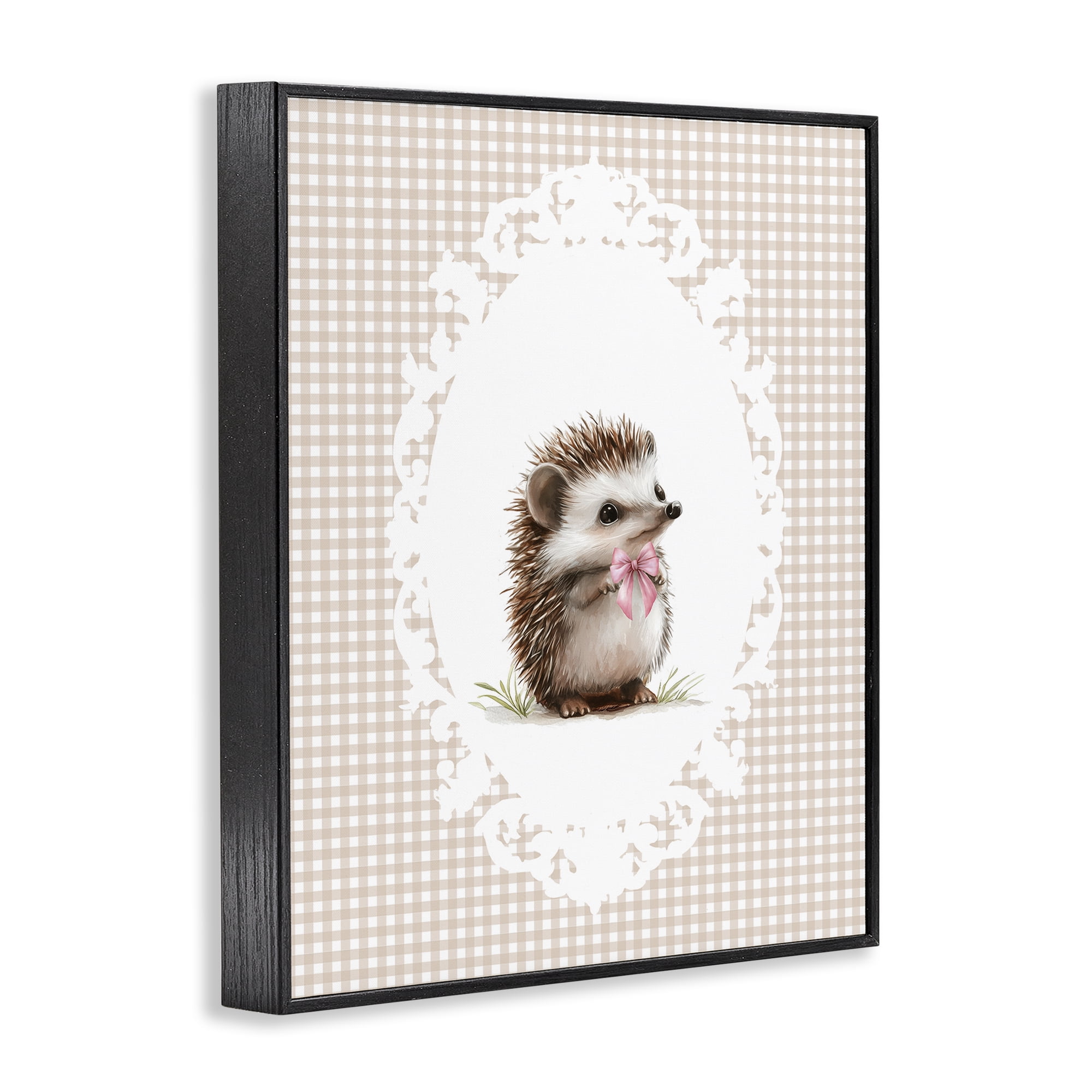 Stupell Industries Vintage Bow Hedgehog on Gingham Black Framed Giclee Art, design by Christine Simpson Art