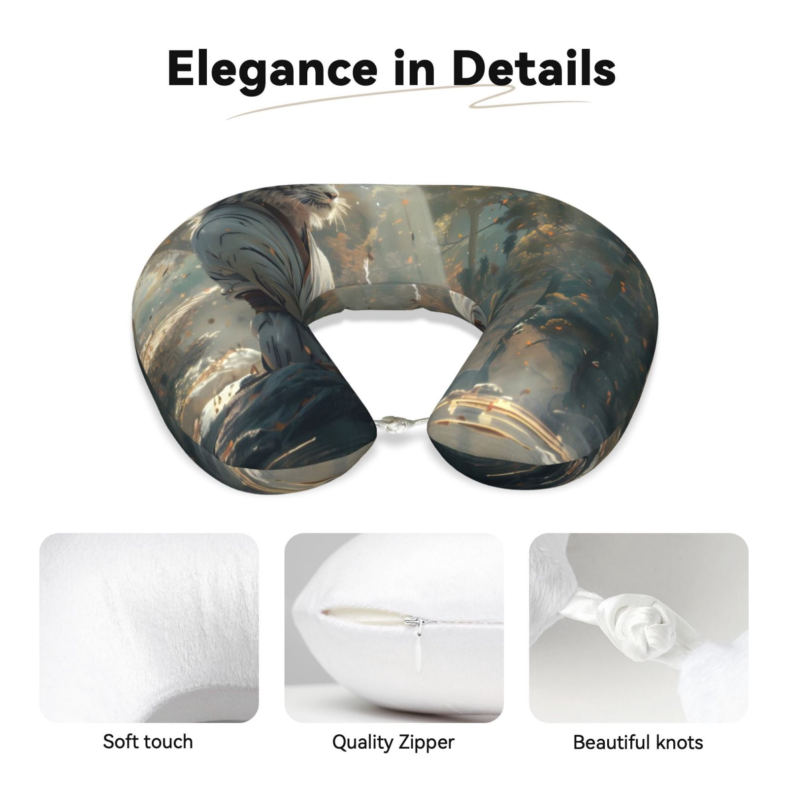Xecao Forest Meditating White Tiger Print Memory Foam Cervical Neck Pillow Versatile U-Shaped Pillows for Home,Office,Camping,Travelling,Soft Washable Cover