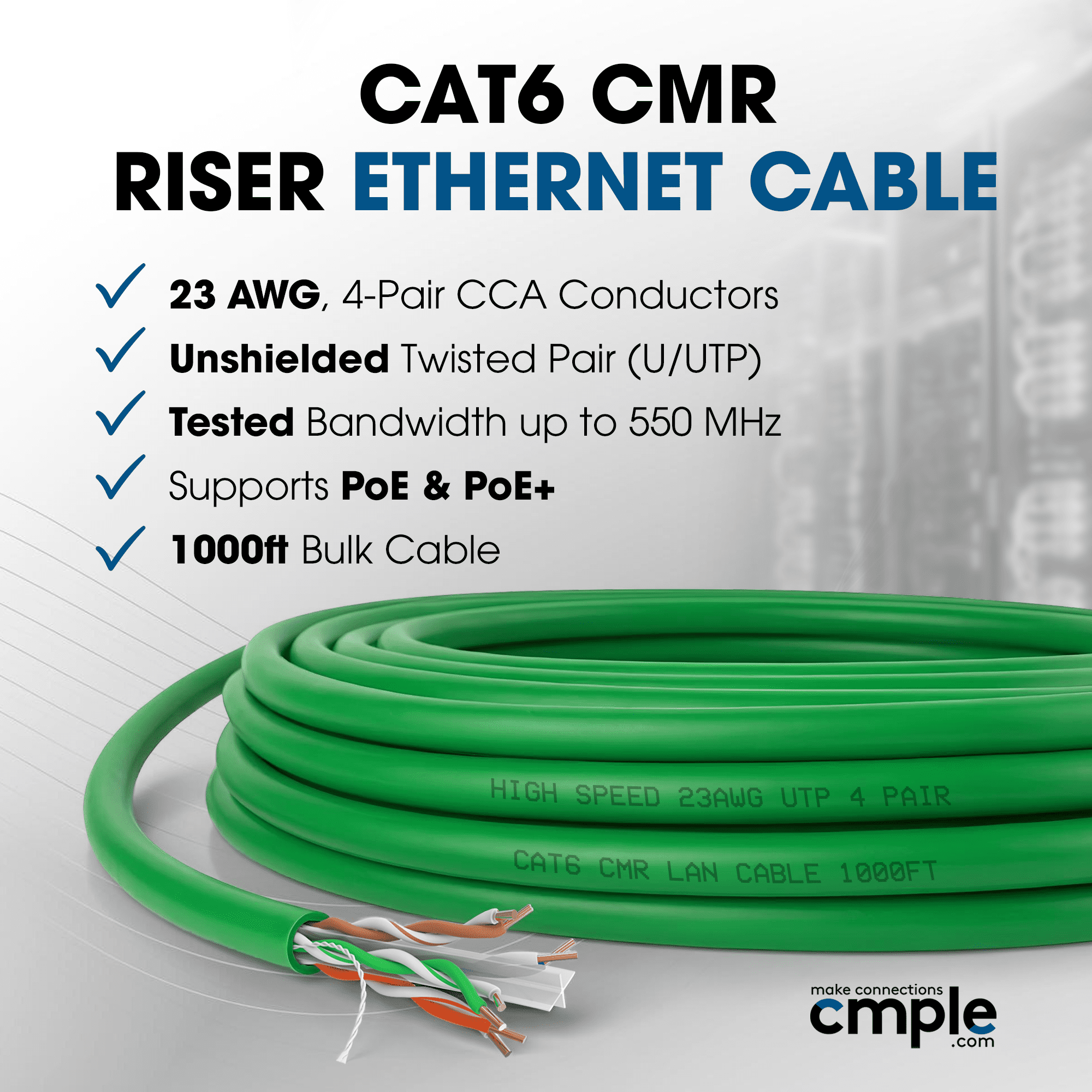 Cmple - Cat6 Cable 1000ft Bulk Lan Ethernet Cat 6 Wire Network UTP 23AWG CMR Riser 10 Gbps 550 MHz Pull Box 1000 Feet, Green