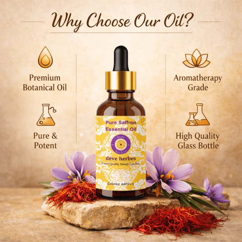 Deve Herbes Pure Saffron Essential Oil (Crocus sativus) Steam Distilled, Natural & Aromatherapy Use 10ml