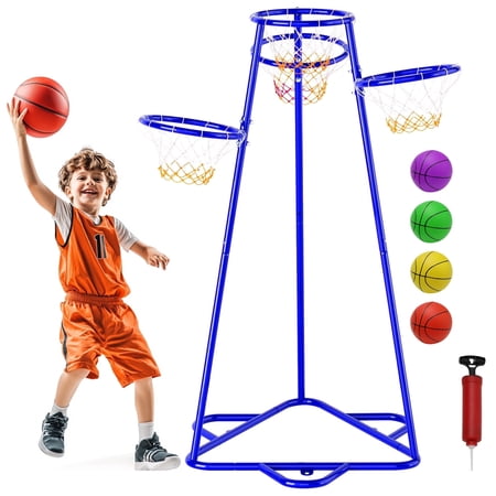 Bruce&Shark Basketball Hoop Portable Basketball Stand Toys Basketball Indoor Outdoor Portable Basketball with 4 Hoops at Varying Heights and 4 Balls Toy Set