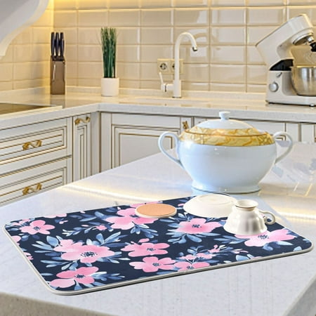 

Blue Leaves and Pink Petals Dish Drying Mats for Kitchen Counter Absorbent Microfiber Coffee Pad