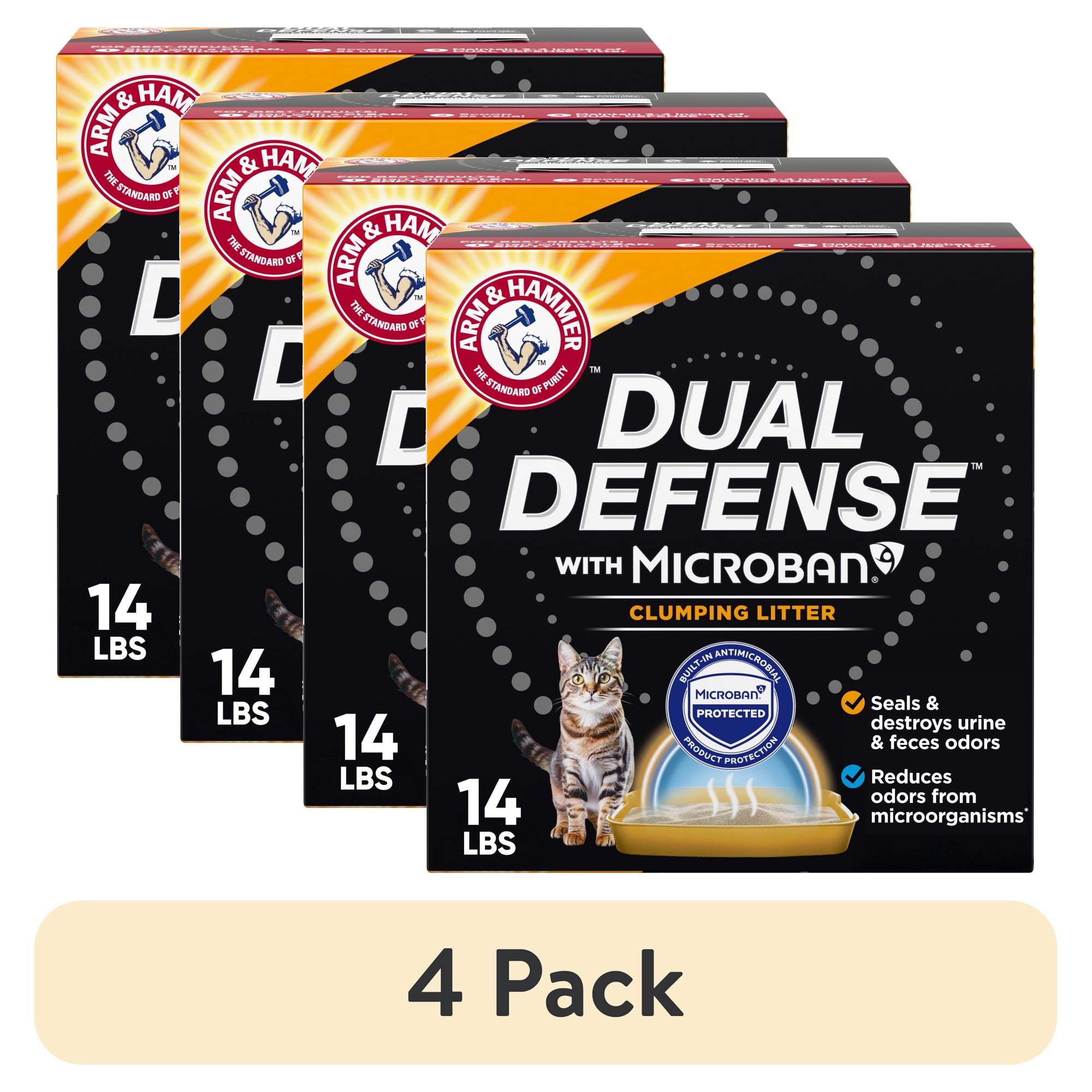 (4 pack) ARM & HAMMER Dual Defense with Microban Clumping Cat Litter for Multi-Cat Households, 14 lbs