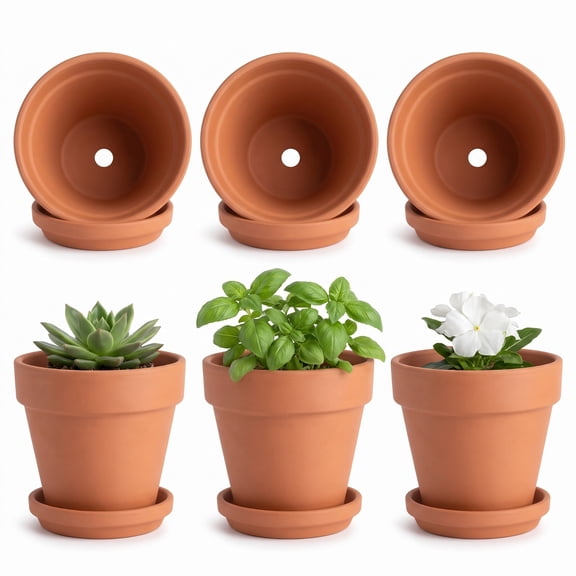 Terracotta Plant Pots with Saucers, 6 Pack, 4 inch Clay Flower Pots for Succulents and Herbs